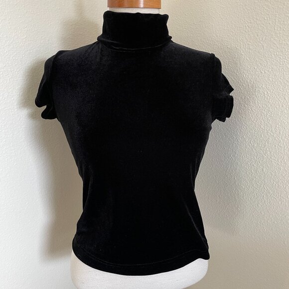 No Boundaries Stretch Velvet Short Sleeve Turtleneck Black 90s - Picture 1 of 8